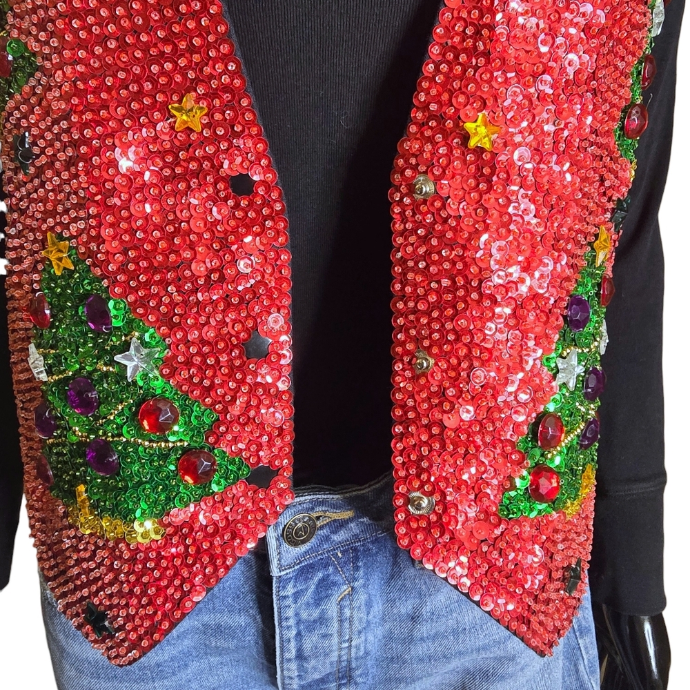 Vintage 90s JC Christmas Tree Sequin and Jewel Vest | Size Small - Picture 12 of 17
